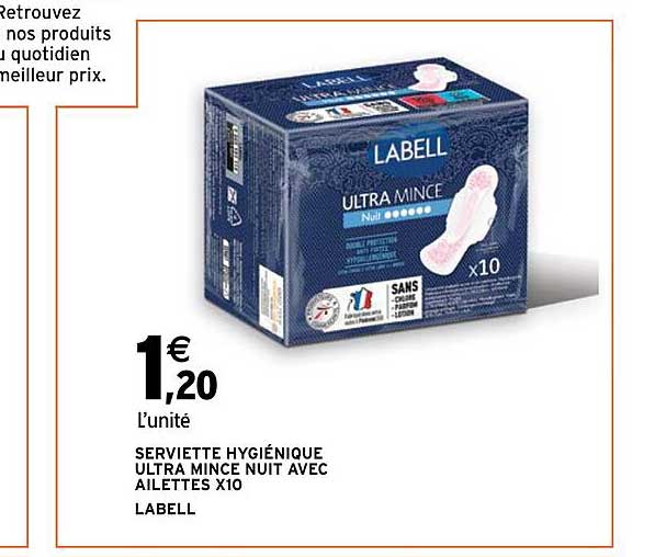 serviette hygiénique ultra mince nuit avec ailettes x 10 labell