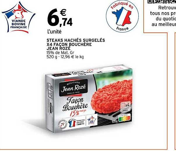 Steaks Hachés Surgelés X 4 Façon Bouchère Jean Rozé