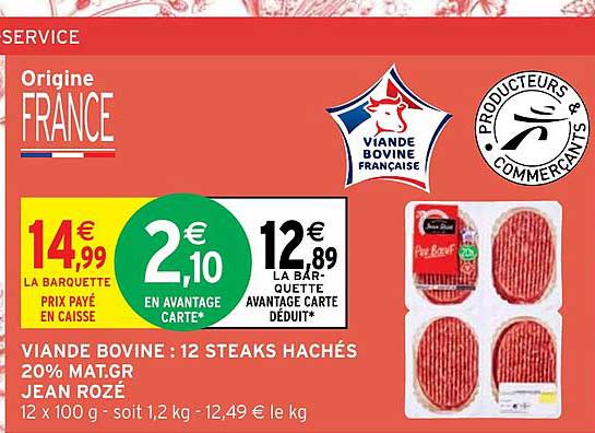 viande bovine : 12 steaks hachés 20% mat.gr. jean rozé