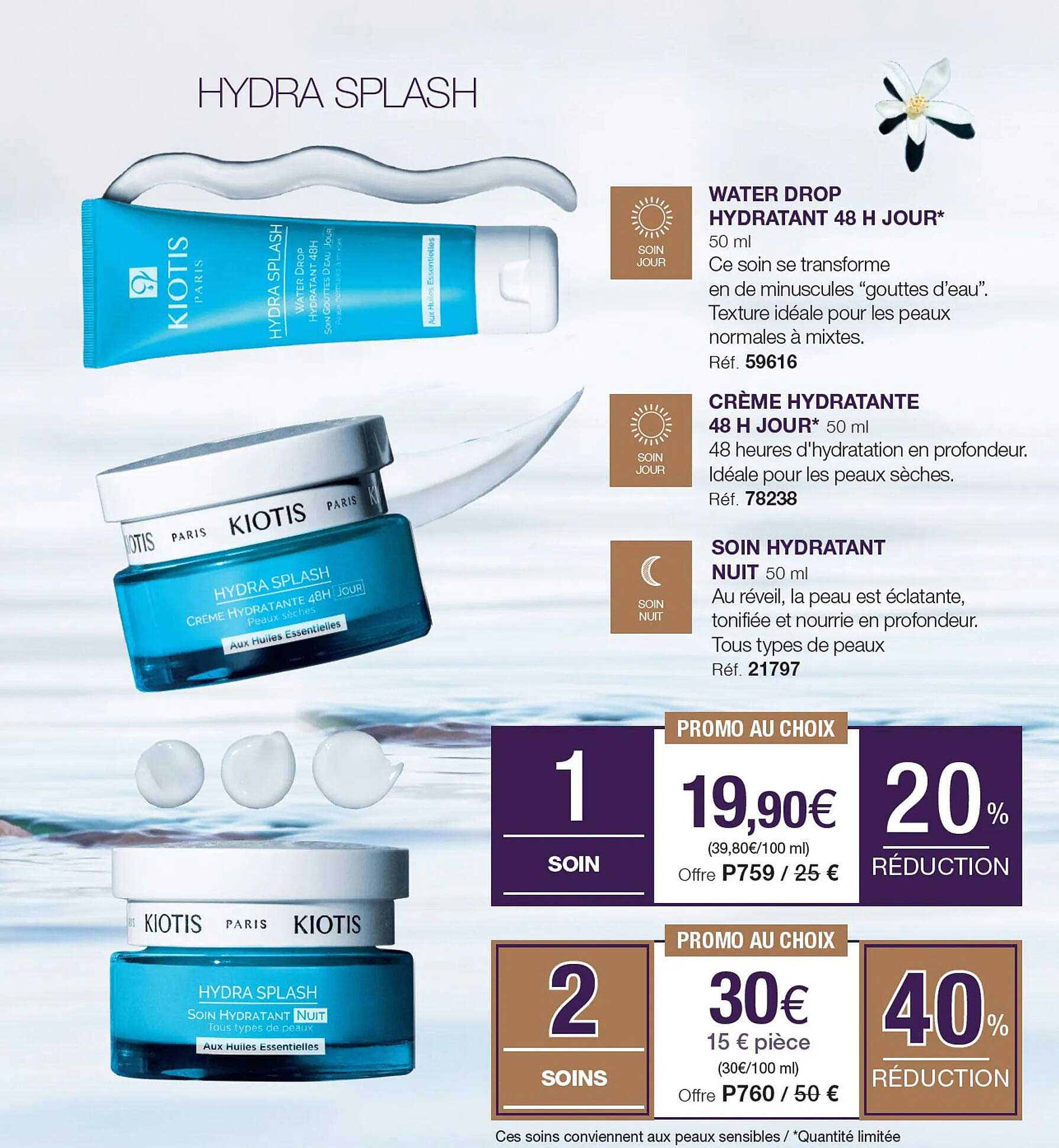 Water Drop Hydratant 48h Jour Kiotis, Crème Hydratante 48h Jour Kiotis, Soin Hydratant Nuit Kiotis