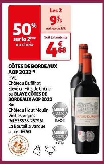 côtes de bordeaux aop 2022 hve château dufilhot élevé en fûts de chêne ou blaye côtes de bordeaux aop 2020 bio château haut moulin vieilles vignes