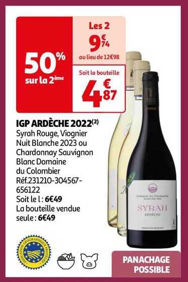 igp ardèche 2022 syrah rouge, viognier nuit blanche 2023 ou chardonnay sauvignon blanc domaine du colombier