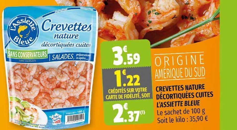crevettes nature décortiquées cuites l'assiette bleue