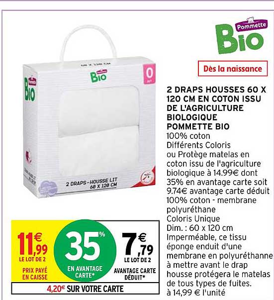 2 draps housses 60 x 120 cm en coton issu de l'agriculture biologique pommette bio