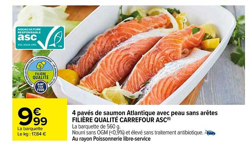 4 pavés de saumon atlantique avec peau sans arêtes filière qualité carrefour