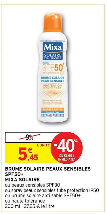 brume solaire peaux sensibles spf50+ mixa solaire