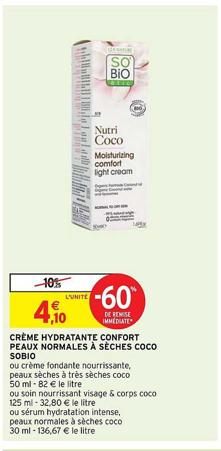 crème hydratante confort peaux normales à sèches coco sobio