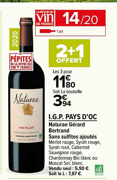 i.g.p. pays d'oc naturae gérard bertrand sans sulfites ajoutés