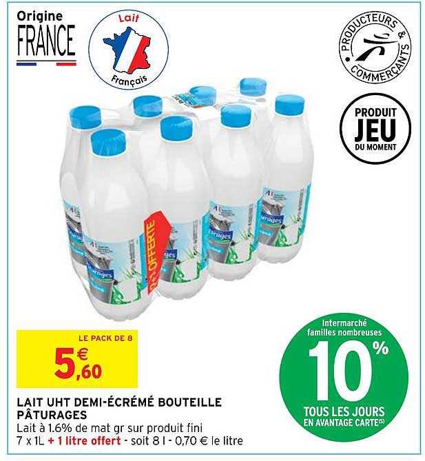 lait uht demi-écrémé bouteille pâturages
