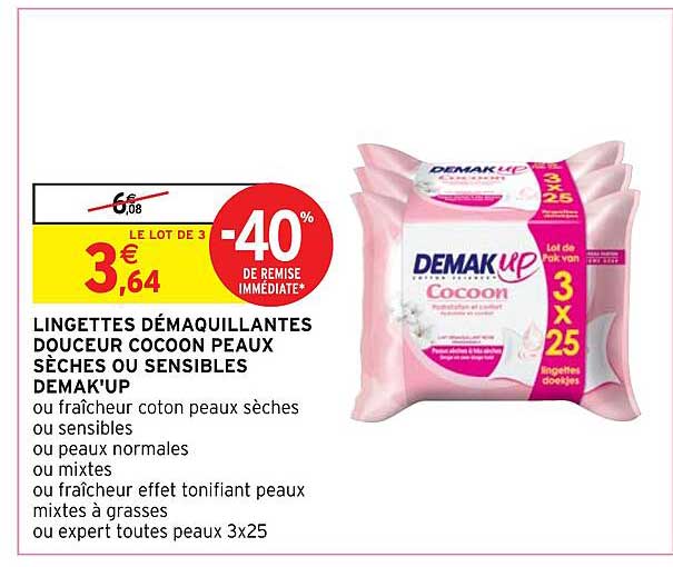 lingettes démaquillantes douceur cocoon peau sèches ou sensibles demak'up