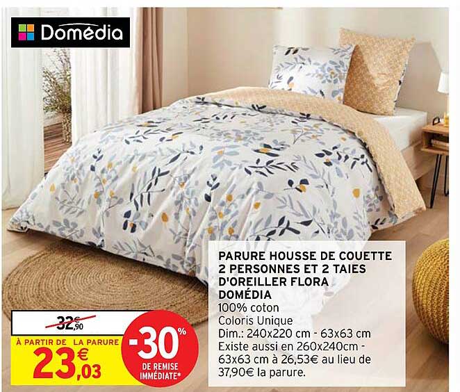 parure housse de couette 2 personnes et 2 taies d'oreiller flora domédia