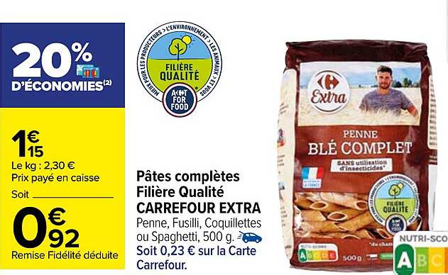 Pâtes Complètes Filière Qualité Carrefour Extra