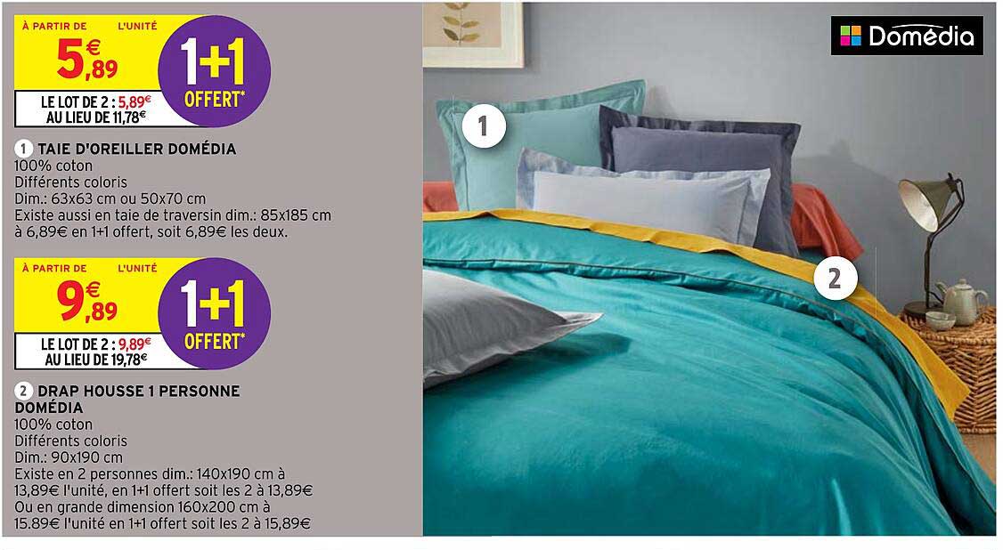 taie d'oreiller domédia, drap housse 1 personne domédia