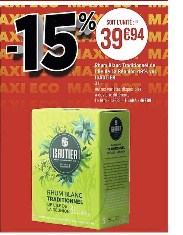 rhum blanc traditionnel de l'île de la réunion 49% vol. isautier