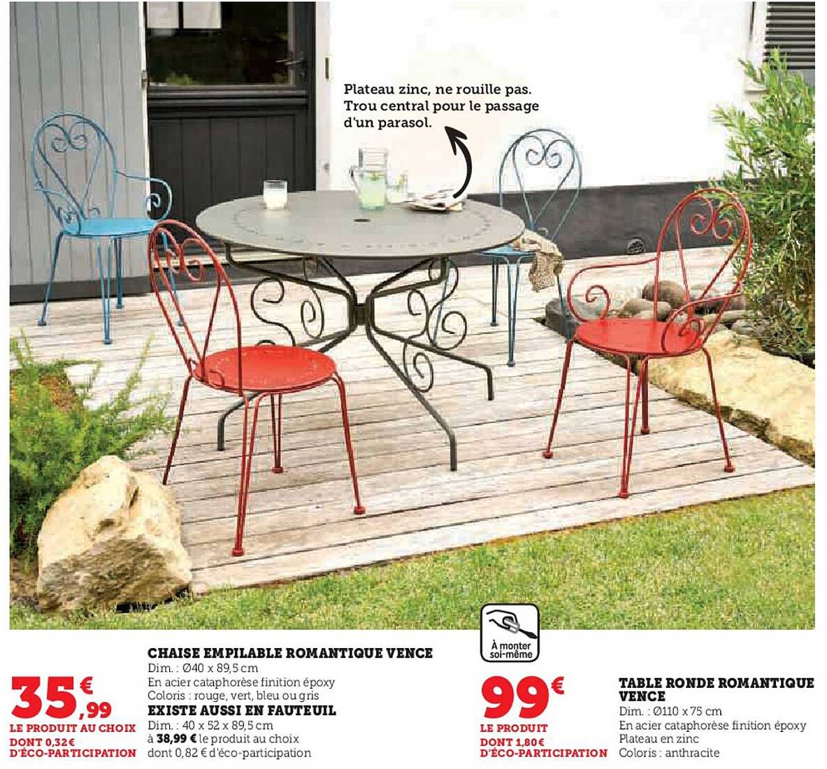 chaise empilable romantique vence existe aussi en fauteuil, table ronde romantique vence