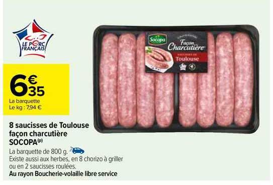 8 saucisses de toulouse façon charcutière socopa