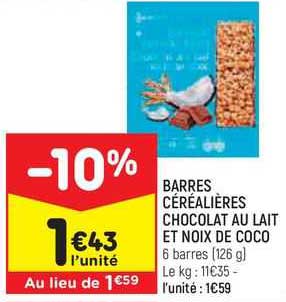 barres céréalières chocolat au lait et noix de coco