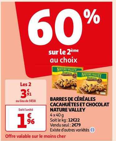barres de céréales cacahuètes et chocolat nature valley