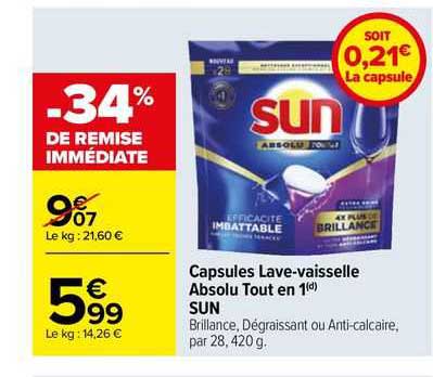 capsules lave-vaisselle absolu tout en 1 sun