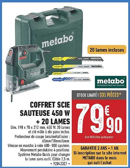 Coffret Scie Sauteuse 450 W + 20 Lames Metabo