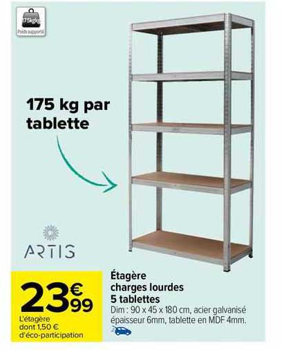 étagère charges lourdes 5 tablettes artis