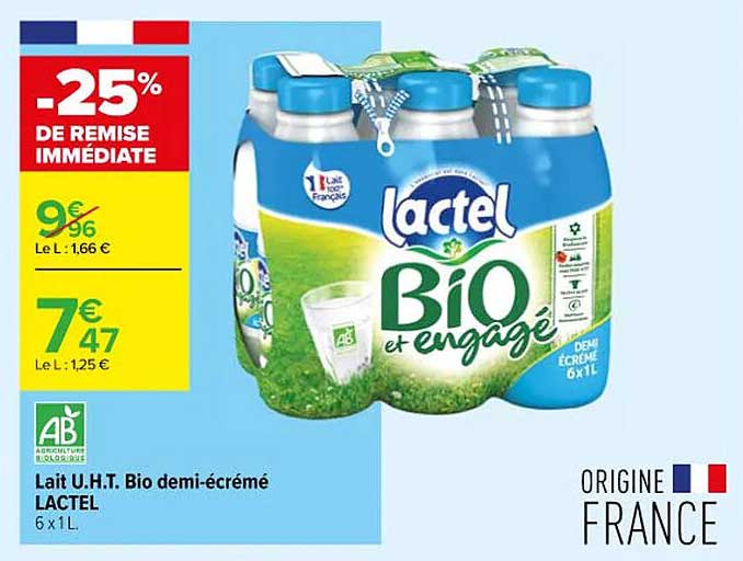 lait u.h.t. bio demi-écrémé lactel