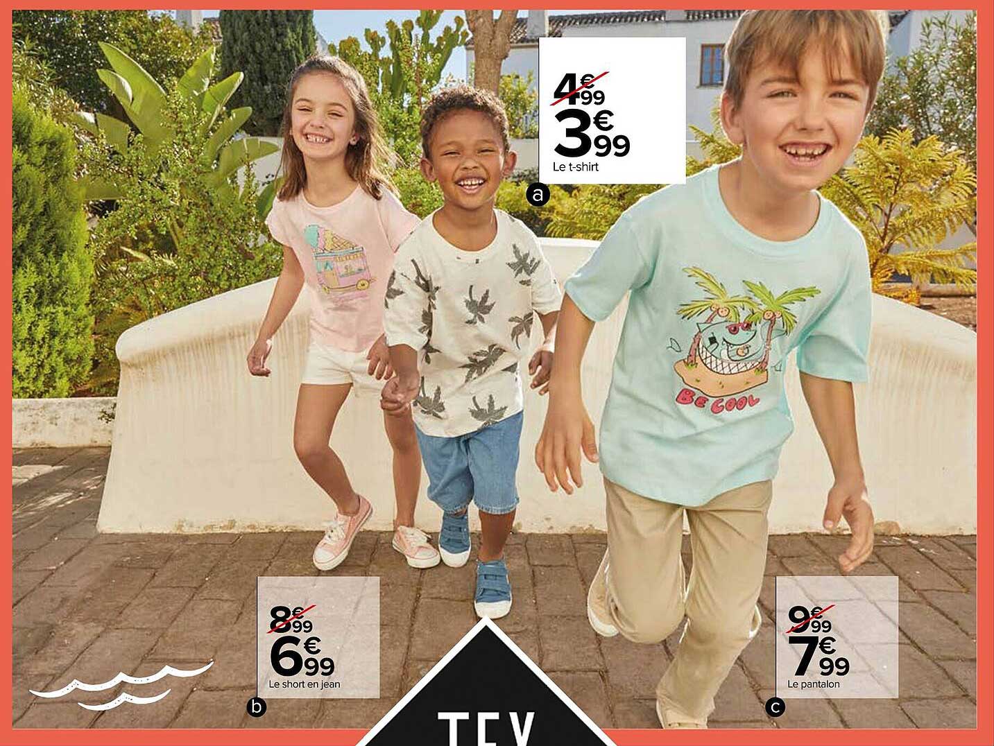 le short en jean, le t-shirt, le pantalon tex