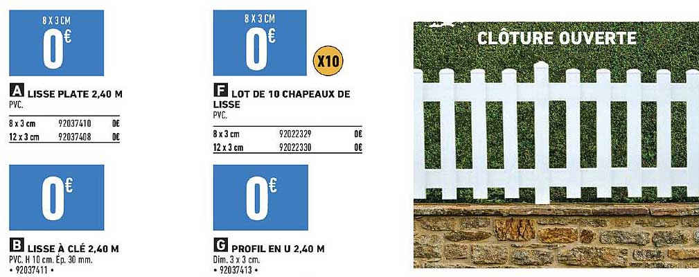 lisse plate 2,40 m, lisse à clé 2,40 m, lot de 10 chapeaux de lisse, profil en u 2,40 m