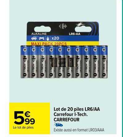 lot de 20 piles lr6/aa carrefour i-tech. carrefour