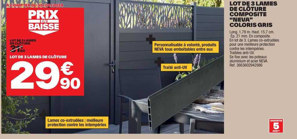 lot de 3 lames de clôture composite "neva" coloris gris