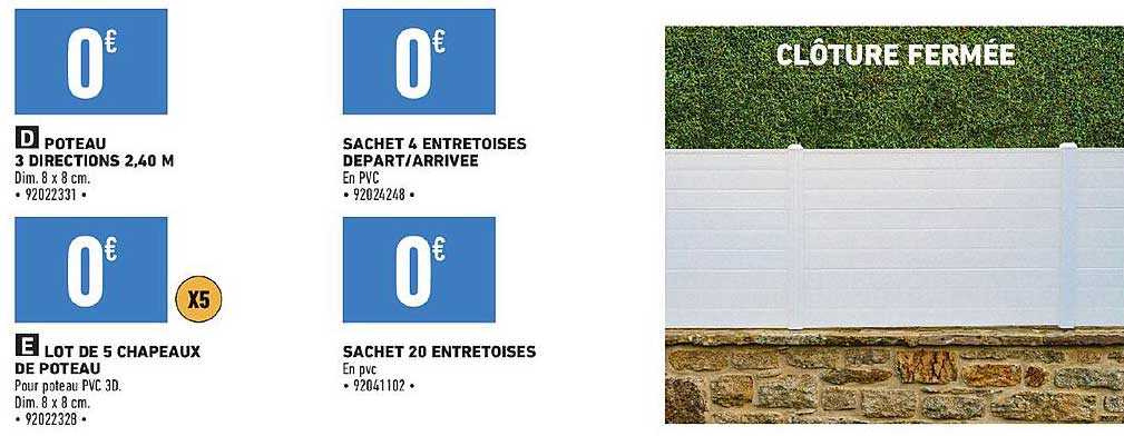 poteau 3 directions 2,40 m, lot de 5 chapeaux de poteau, sachet 4 entretoises départ / arrivée, sachet 20 entretoises