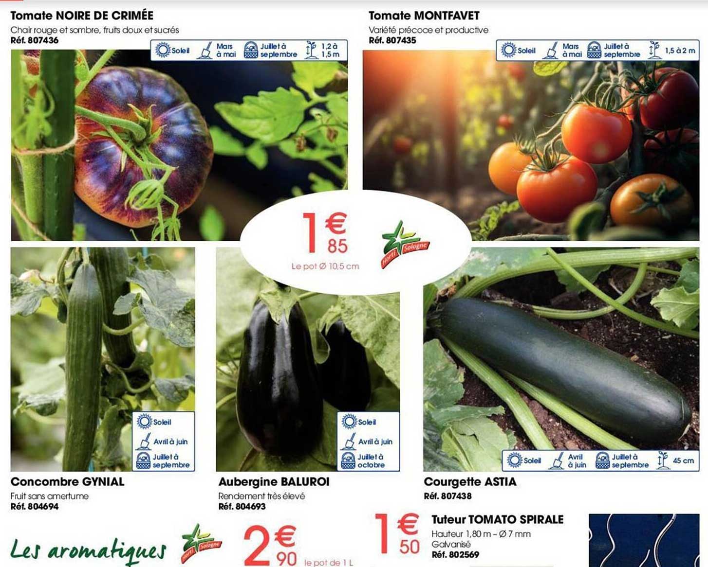 tomate noire de crimée, tomate montfavet, concombre gynial, aubergine baluroi, courgette astia, tuteur tomato spirale