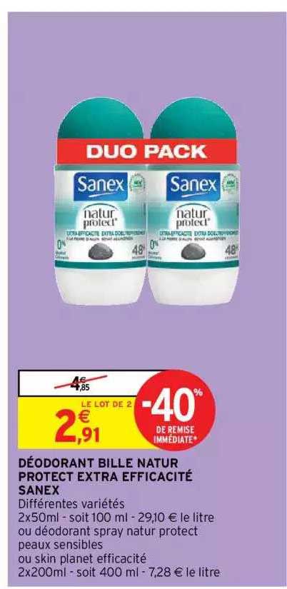 déodorant bille natur protect extra efficacité sanex -40% de remise immédiate