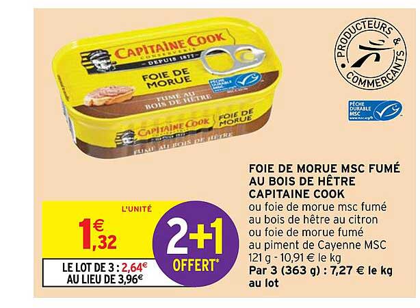 foie de morue msc fumé au bois de hêtre capitaine cook 2+1 offert