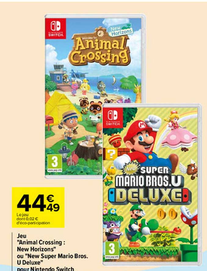 jeu "animal crossing : new horizons" ou "new super mario bros. u deluxe" pour nintendo switch