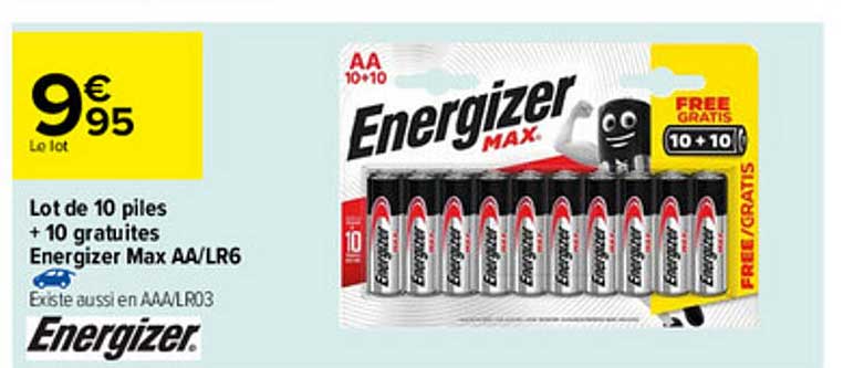lot de 10 piles + 10 gratuites energizer max aa-lr6 energizer