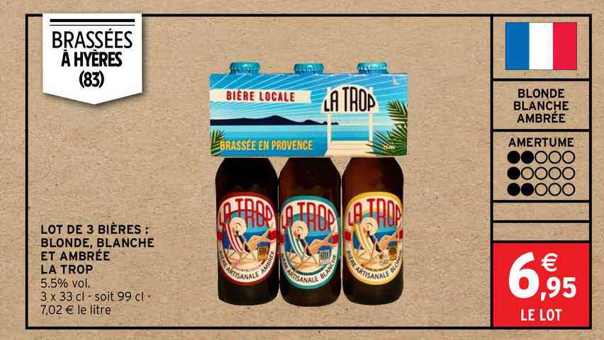 lot de 3 bières : blonde, blanche et abrée la trop