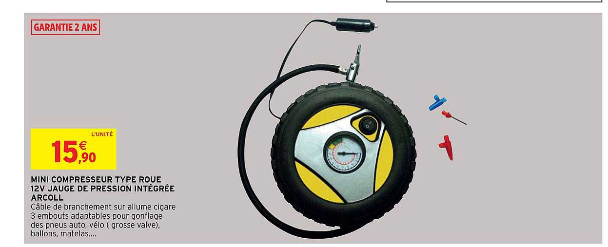 mini compresseur type roue 12v jauge de pression intégrée arcoll