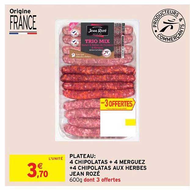plateau : 4 chipolatas + 4 merguez + 4 chipolatas aux herbes jean rozé