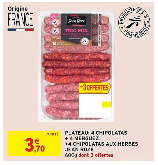 plateau: 4 chipolatas + 4 merguez + 4 chipolatas aux herbes jean rozé