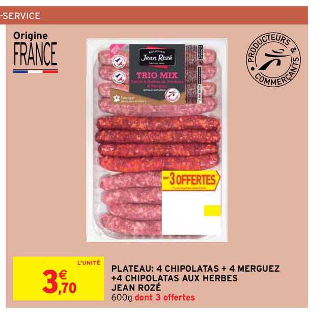plateau: 4 chipolatas + 4 merguez +4 chipolatas aux herbes jean rozé