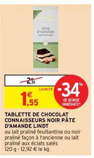 Tablette De Chocolat Connaisseurs Noir Pâte D'amande Lindt -34% De Remise Immédiate