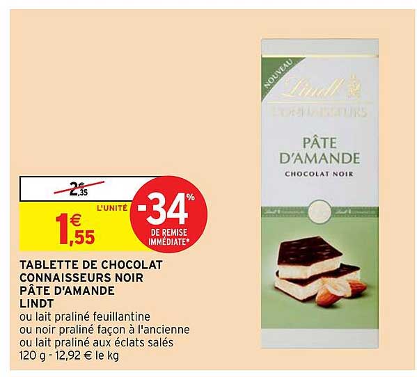 tablette de chocolat connaisseurs noir pâte d'amande lindt -34% de remise immédiate