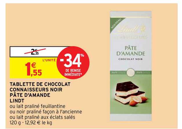tablette de chocolat connaisseurs noir pâte d'amande lindt -34% de remise immédiate