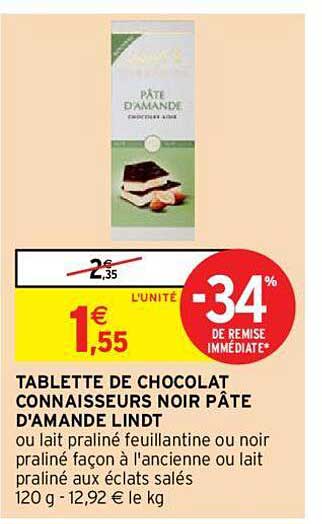tablette de chocolat connaisseurs noir pâte d'amande lindt -34% de remise immédiate