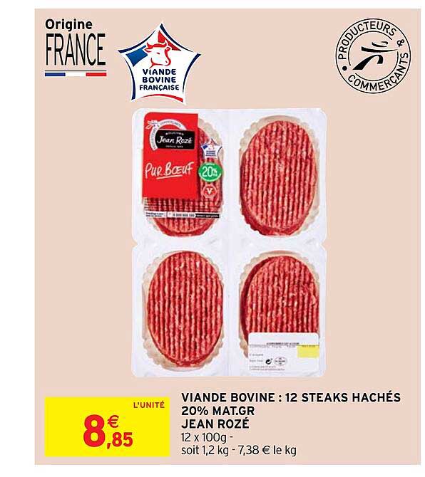 viende bovine : 12 steaks hachés 20% mat.gr jean rozé