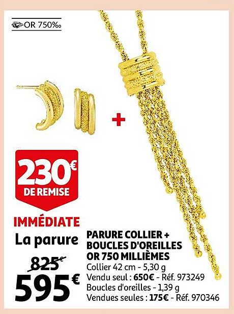 parure collier + boucles d'oreilles or 750 millièmes