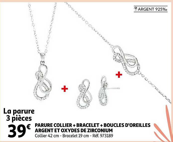 parure collier+bracelet+boucles d'oreilles argent et oxydes de zirconium