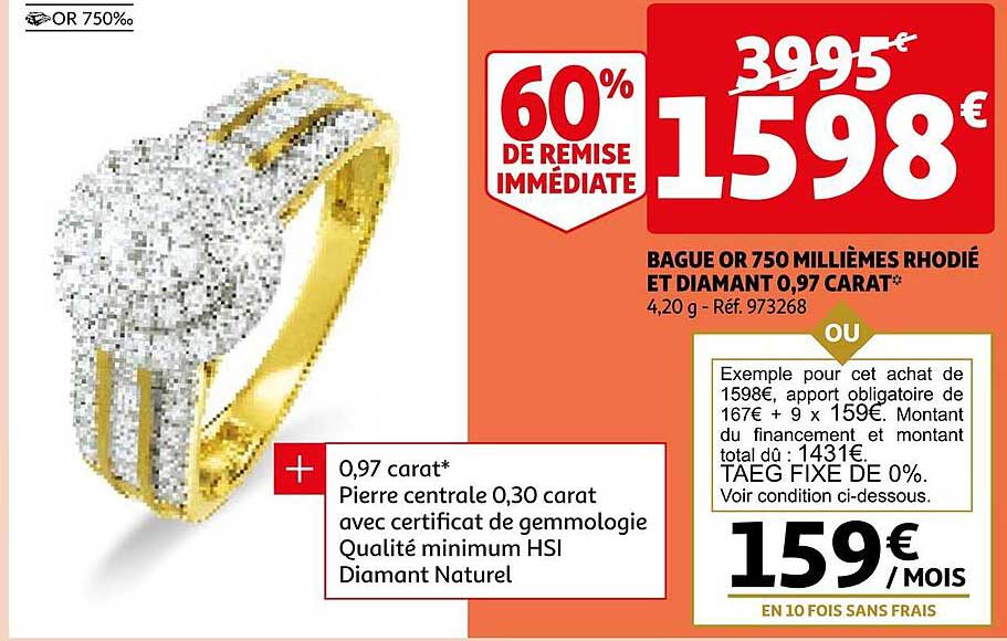 bague or 750 millièmes rhodié et diamant 0.97 carat