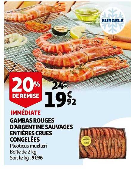 gambas rouges d'argentine sauvages entières crues congelées